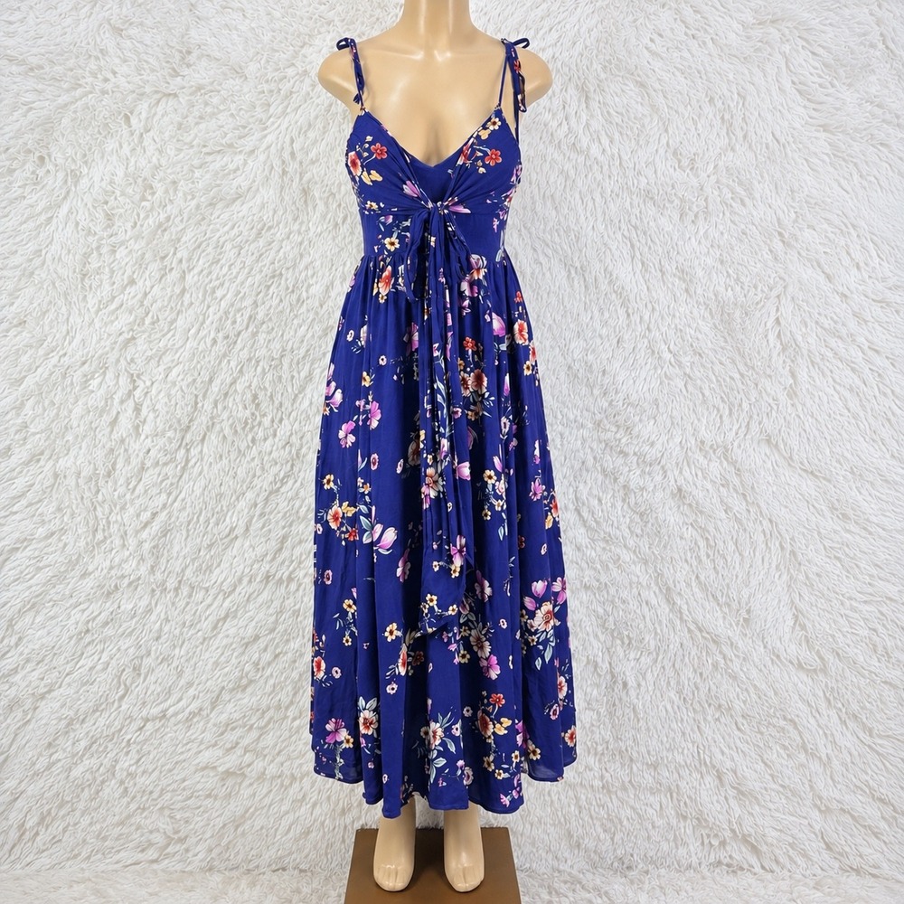 Lulu's Navy Floral Tie Front Maxi Dress Size Medium
